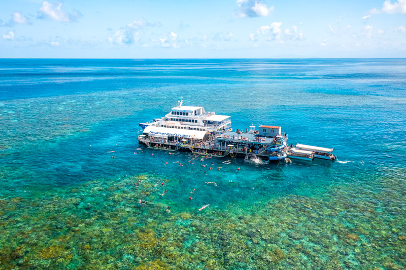 Aerial view of Sunlover Reef Cruise moored at Moore Reef pontoon