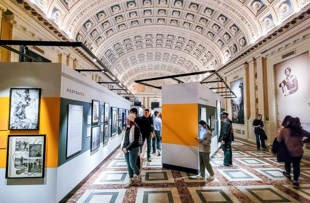 People looking at displays Beautiful lobby inside the Library of Congress