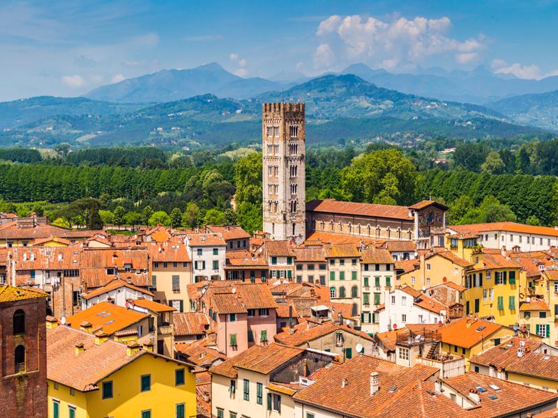 roofs of buildings and a tower with a mountain in the background