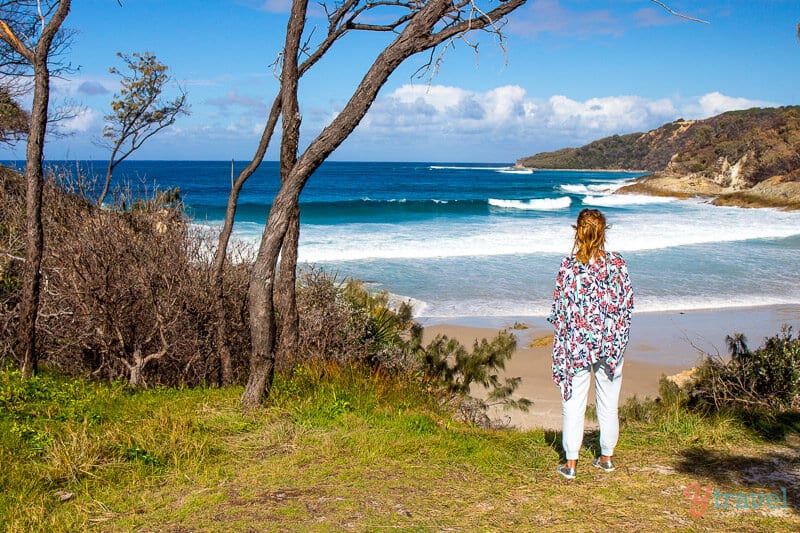 woman looking at view of Honeymoon Bay on Moreton Island, Queensland