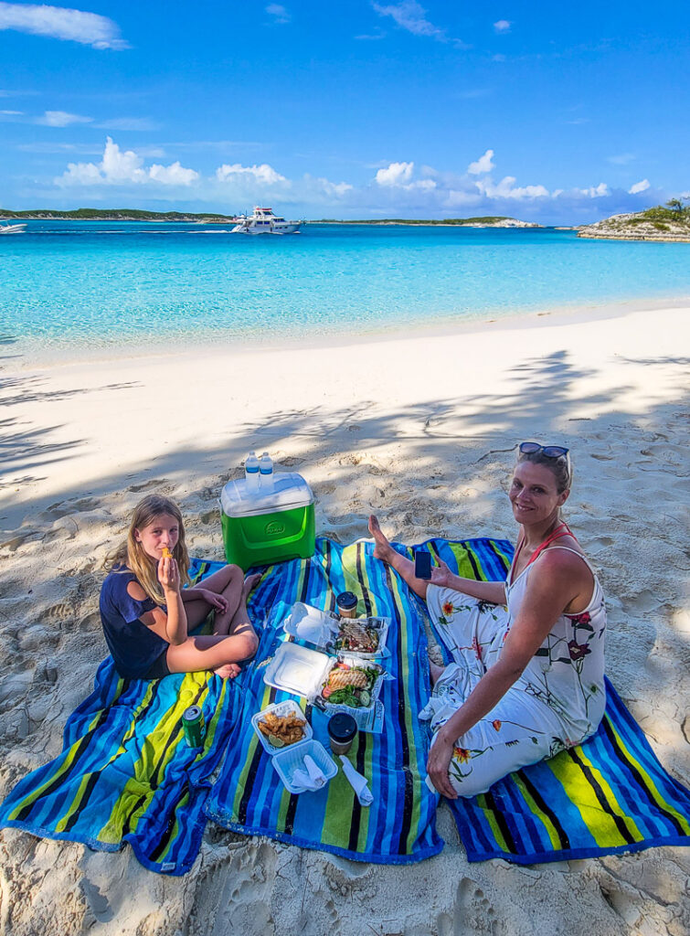 Mom and daughter having a picnic at the beach