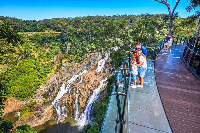 Family at The Edge lookout, looking out over the Barron Falls