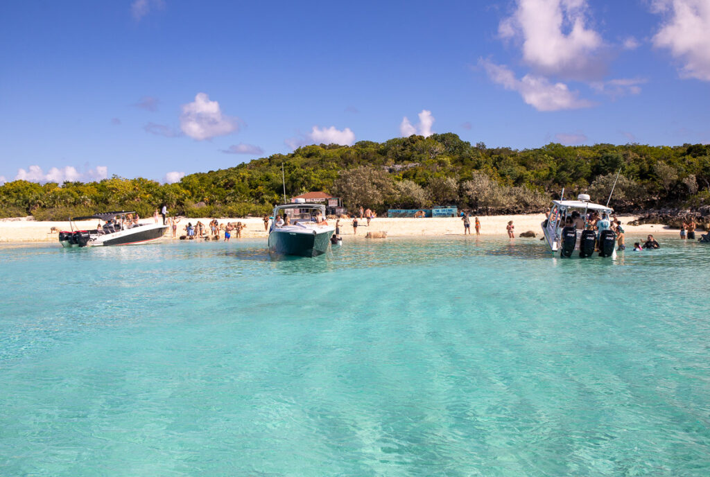 Boats anchored off a beach