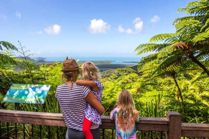 woman and children at Alexandra Lookout looking at view of rainforest and ocean