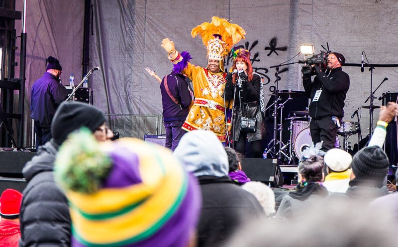 King Zulu waving to crowds from stage