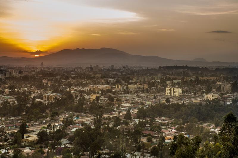 Aerial view of the city of Addis Ababa during sunset