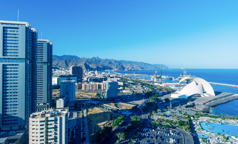 view overlooking city and Maritime Park of Cesar Manrique on water