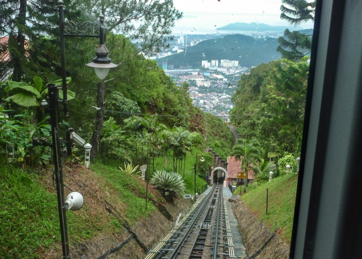 Funicular Railway going up mountain with views Penang Malaysia