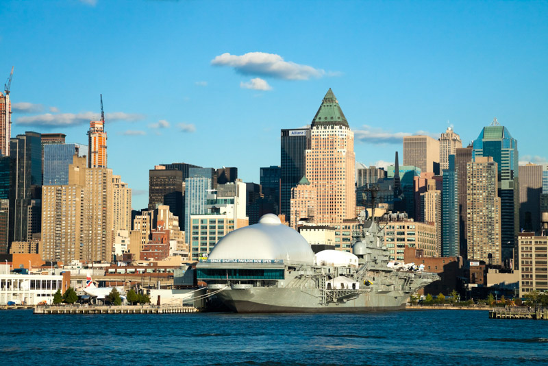 Intrepid Sea, Air and Space Museum new york on the edge of the hudson river with skyline in the background