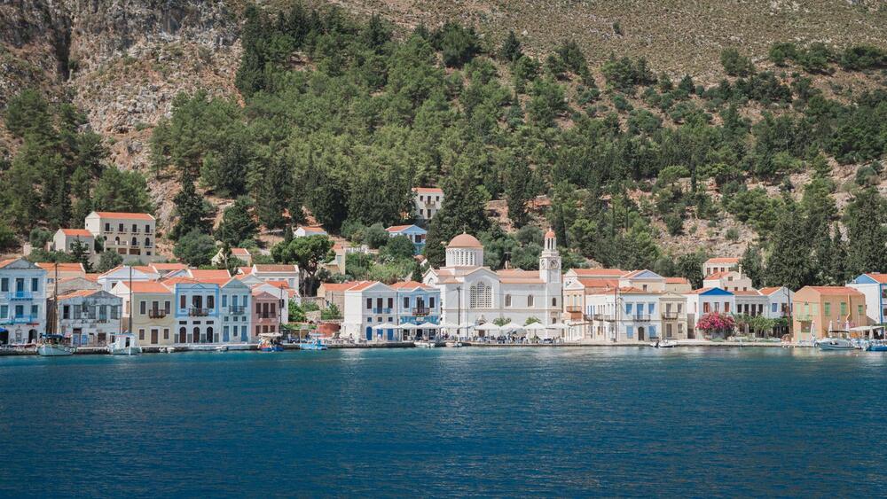 white buildings on the Megisti  harbor 