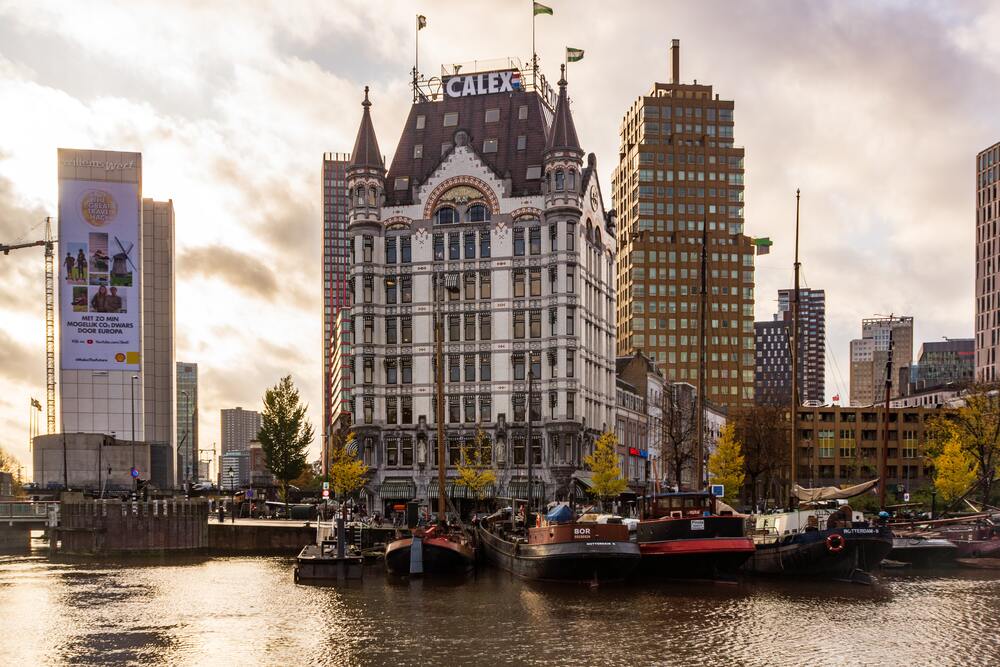 the Art Nouveau style of the white house on the river in rotterdam