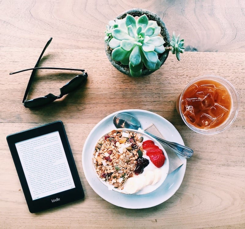 granola coffee tablet on table 