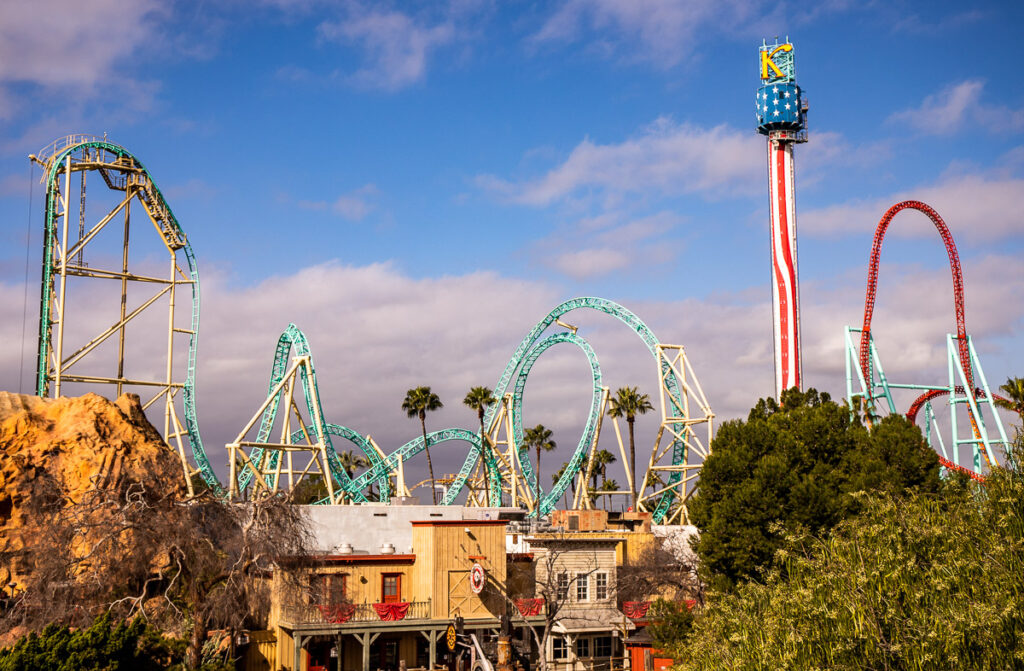 Roller coaster at a theme park, Knott's Berry Farm, California