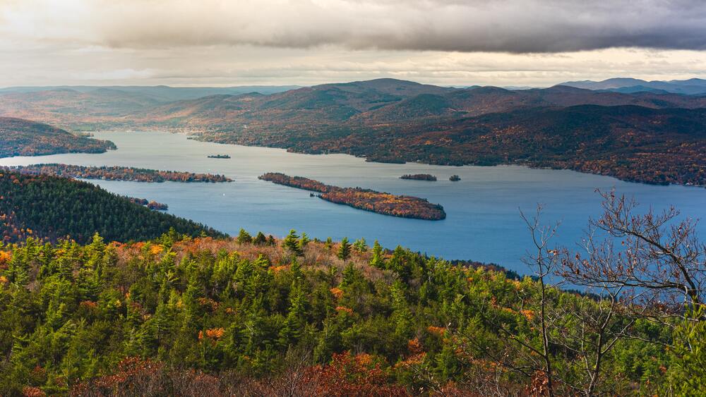 view of lakes withisland in the middle at windham