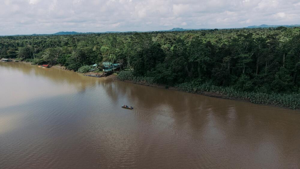 aerial view of boat cruising  on Kinabatangan river