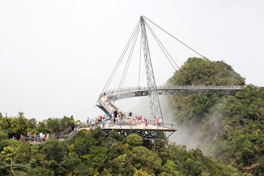 people walking across sky bridge connecting two mountains