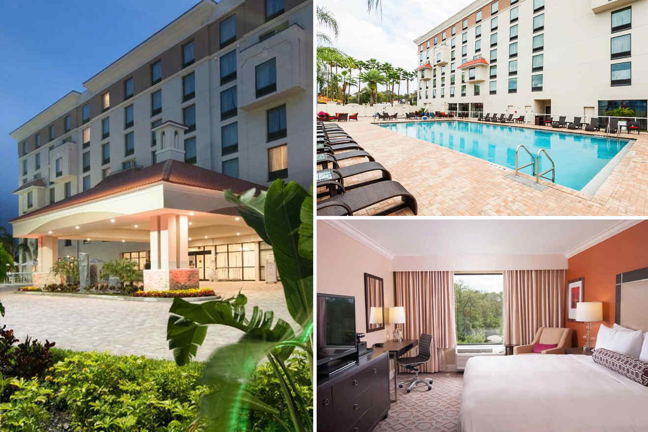 collage of 3 images containing the view of the bedroom, outdoor swimming pool, and the main entry way