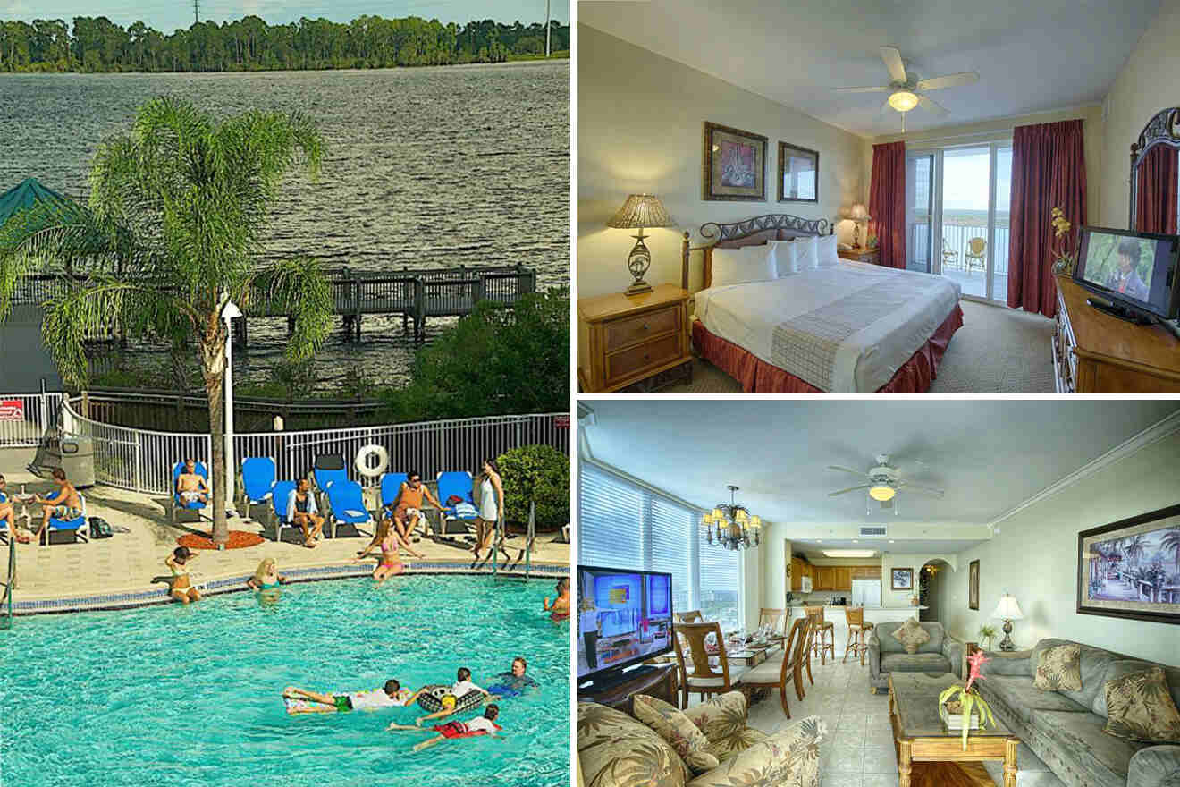 collage of 3 images containing the view of the bedroom, room sitting area, and the outdoor swimming pool near a lake