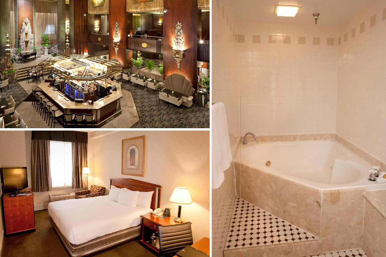 collage of 3 images containing a bathroom, bedroom and restaurant overview
