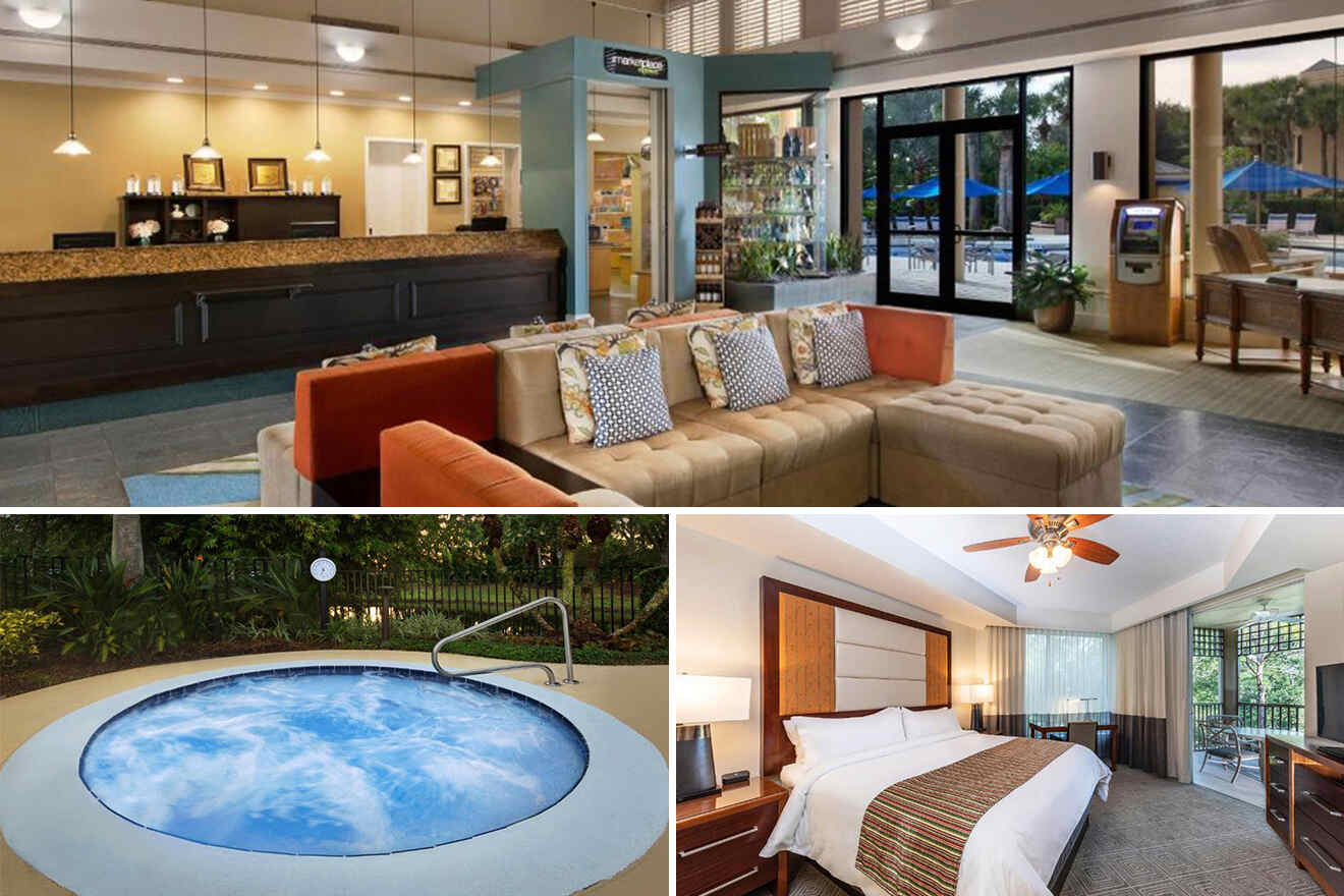 collage of 3 images containing the view of the hotel hallway, bedroom and the outdoor jacuzzi