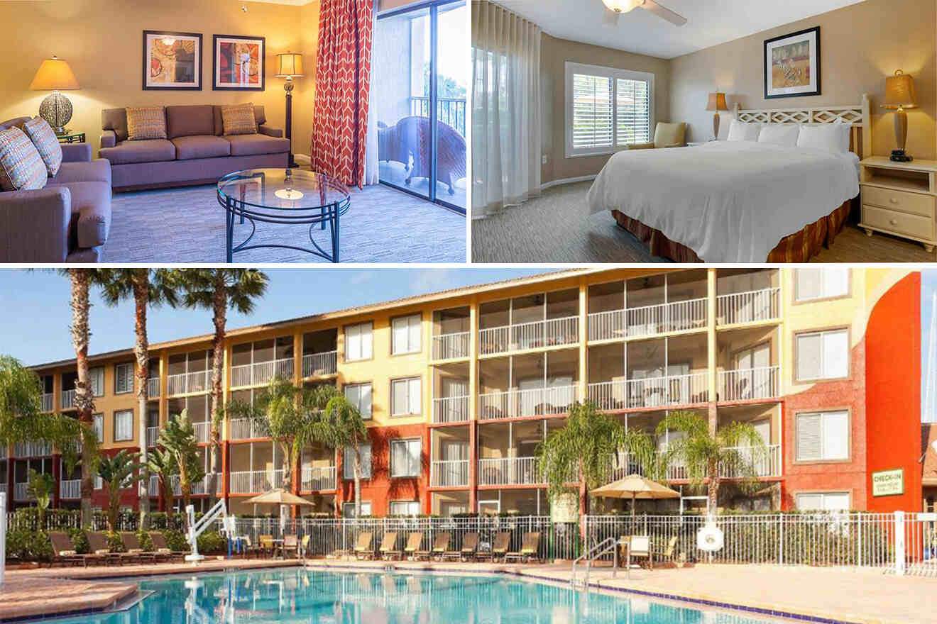 collage of 3 images containing the view of the bedroom, sitting area, and the outdoor swimming pool