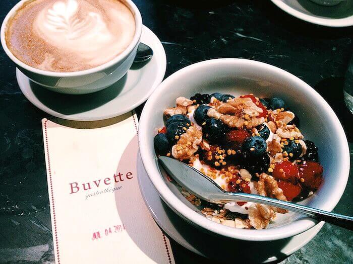 bowl of granola and coffee at buvette