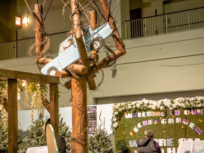 sculpture of Flying Ford Anglia. in tree