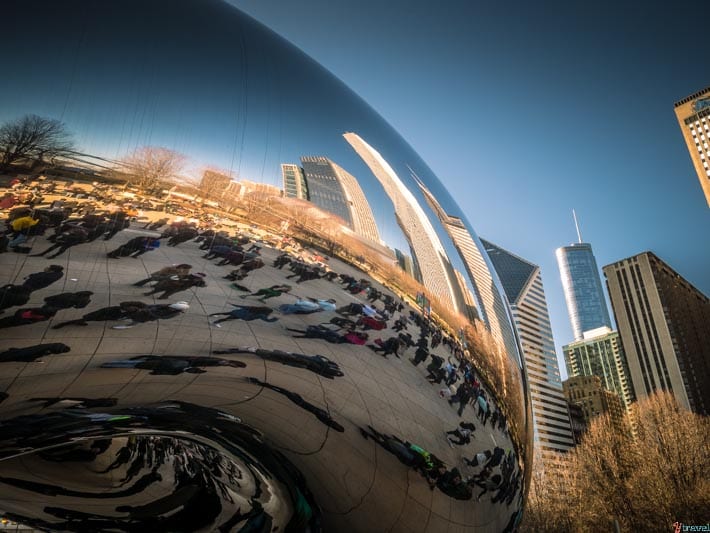 Cloud Gate Bean reflections opeople and skyline