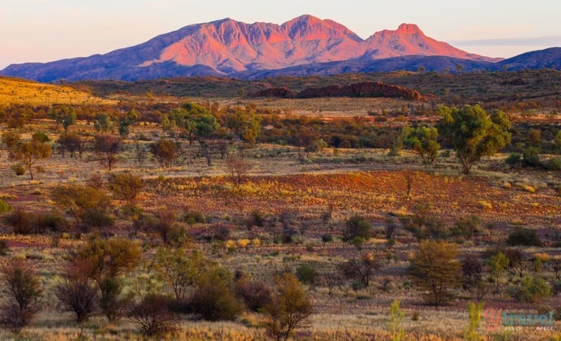 Sunrise casting red glow on Mt Sonder 