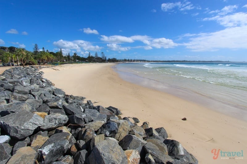 Kingscliff Beach with rocks at one end