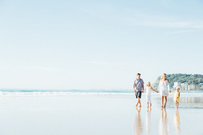 family walking along the beach