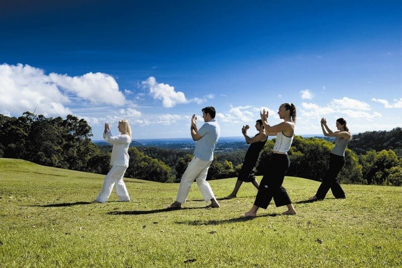 people doing outdoor yoga