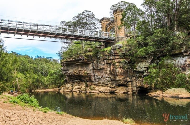 Hampden Bridge as viewed from below at the edge of the river