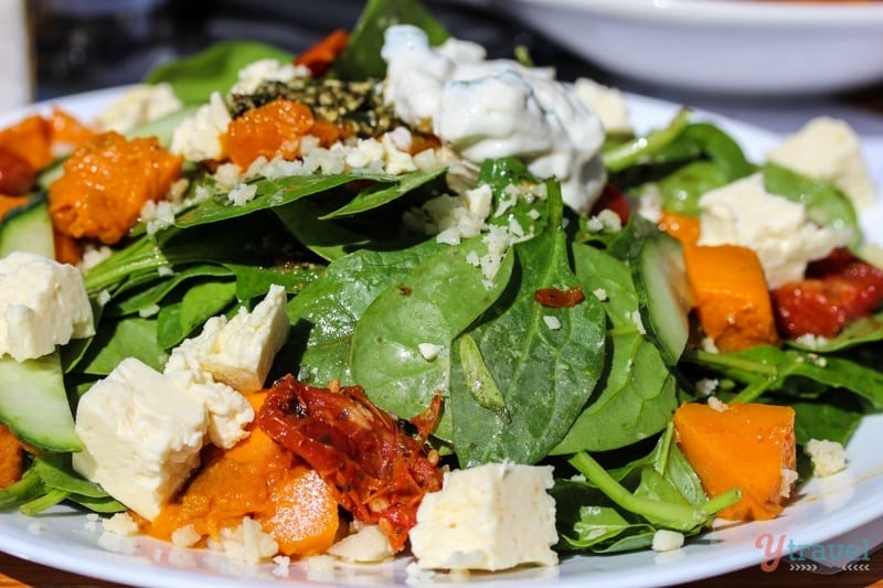 A plate roast pumpkin and fetta salad