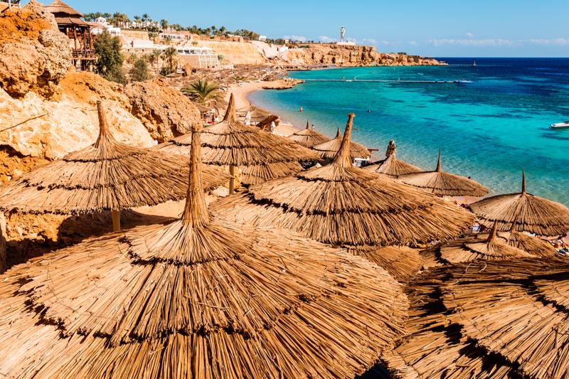 Egyptian sunbeds on the beach,    Sharm El Sheikh,  Egypt