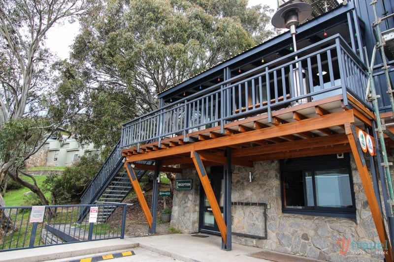 balcony and stone building of Thredbo YHA Hostel, Australia