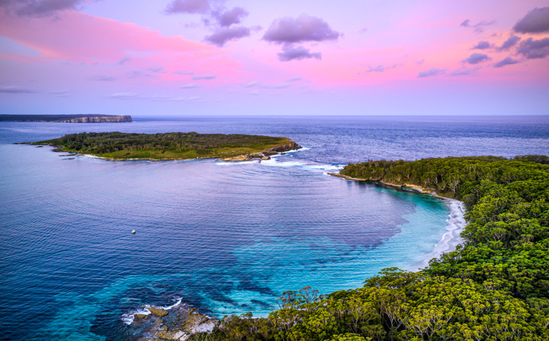 Sunset over Bowen Island and Murrays Beach in Jervis Bay.