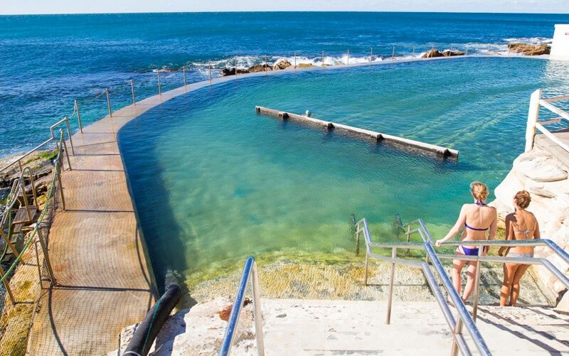 people swimming in bronte pools on edge of ocean