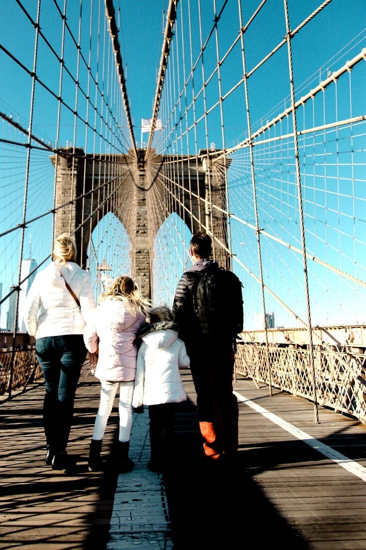 people walking on Brooklyn bridge