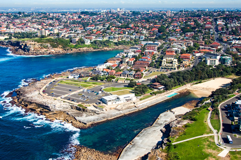 Aerial of Clovelly headland including Clovelly surf lifesaving club and Bundock Park