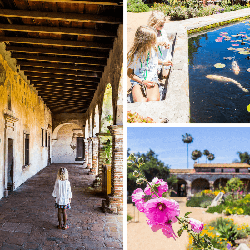 kids looking at fish in pond and walking under covered arched walkway