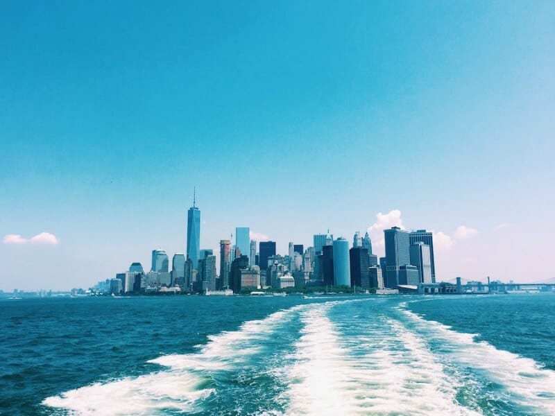 view of NYC skyline from The Staten Island Ferry 