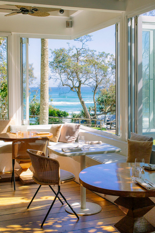 seating area looking out to the ocean at Raes on Wategos, Byron Bay