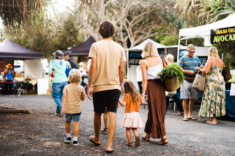 Family enjoying a visit to Yamba Farmers and Producers Market, Yamba.