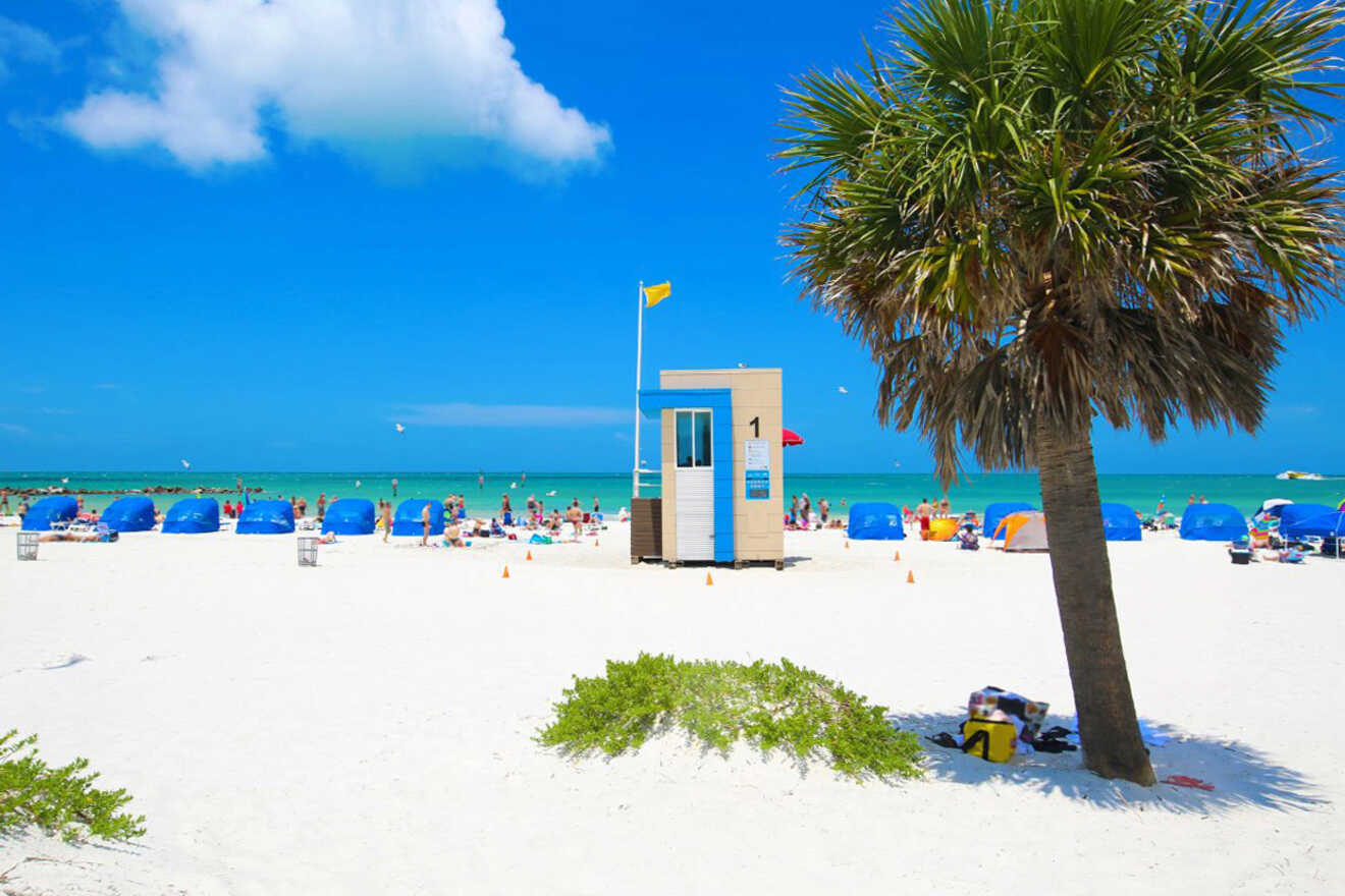 sandy beach and lifeguard house