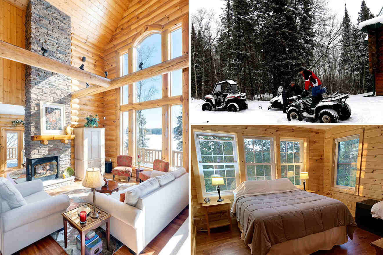 collage of 3 images containing the cabin lounge area, bedroom  and people on ATV