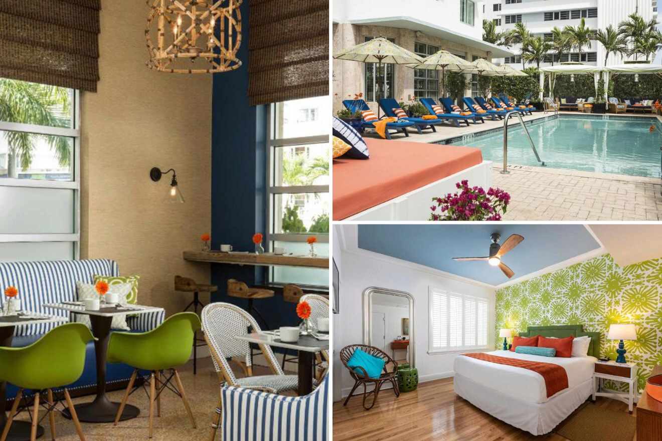 collage of 3 images containing a swimming pool, bedroom, and lounge area