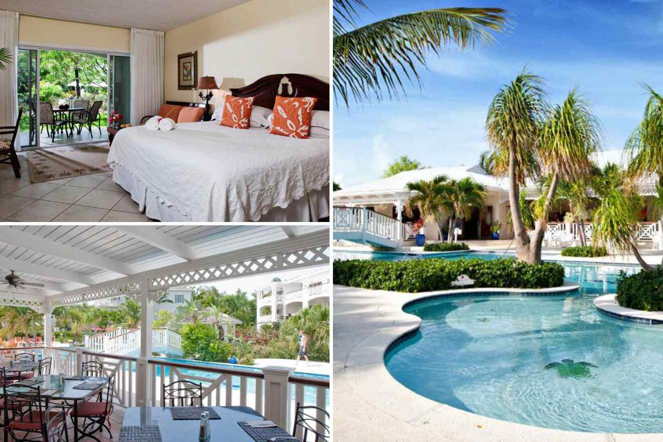 collage of 3 images containing a swimming pool, bedroom, and restaurant