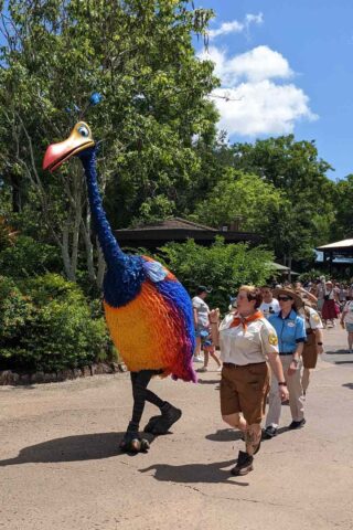 kevin the bird with people walking along him