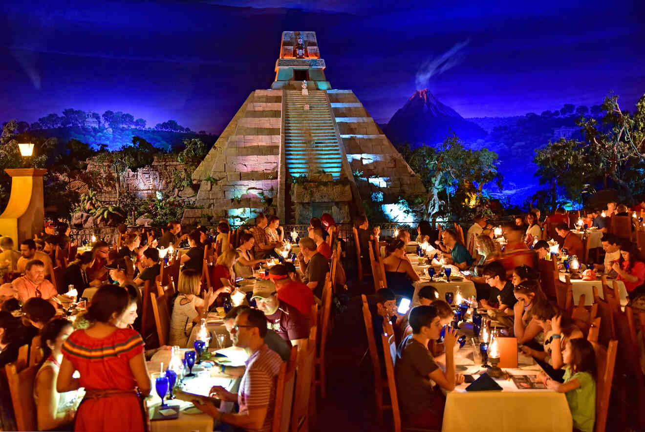 Busy restaurant with a view at night